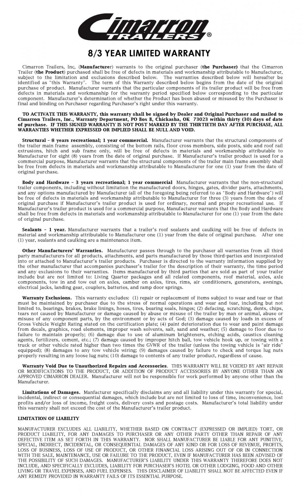 Page 1 of the Cimarron Either Year Limited Warranty