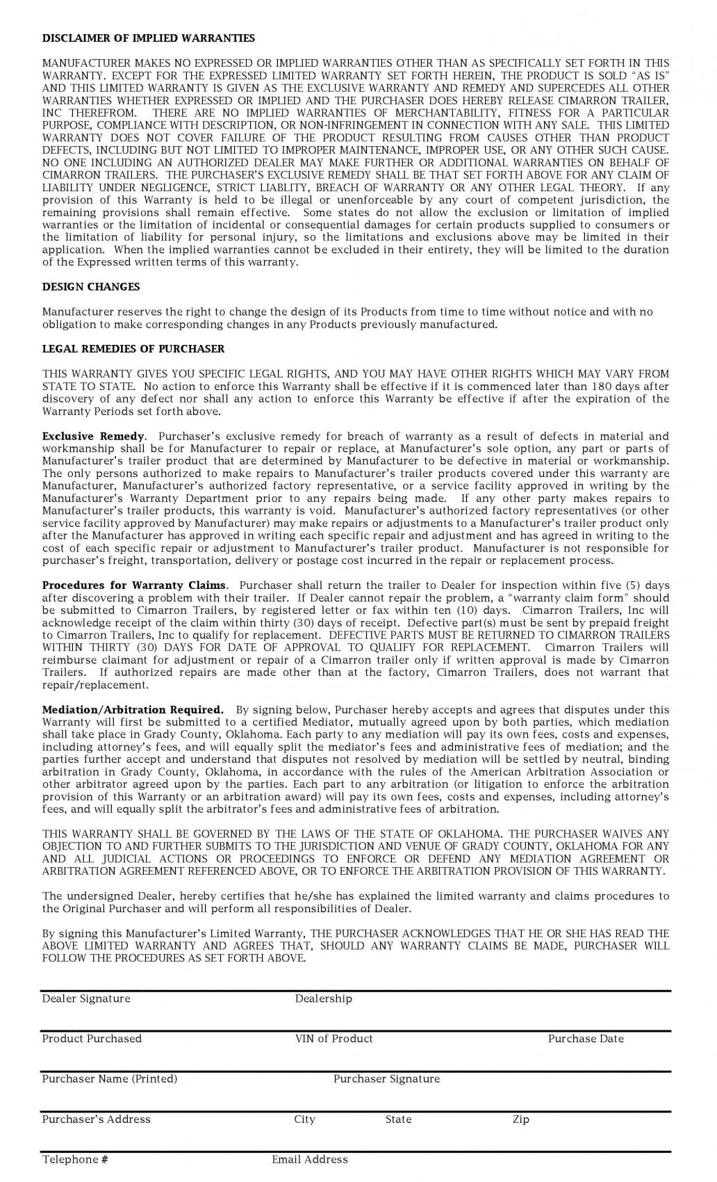 Page 2 of the Cimarron Either Year Limited Warranty
